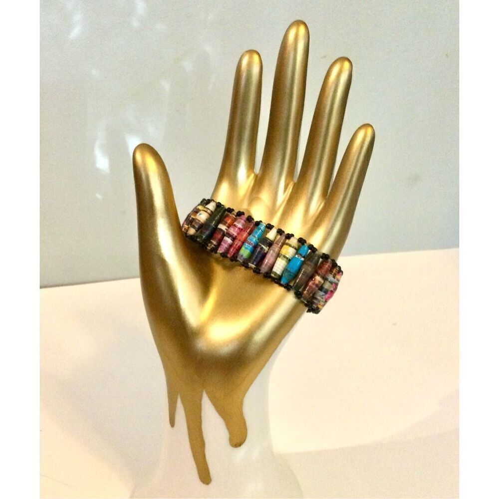 Vintage Womens Multicolor Handmade Recycled‎ Paper Beaded Wristband Bracelet